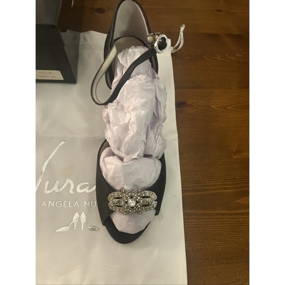 Angela Nuran Vintage Open Toe Adjustable Strap Satin‎ Black Heels 7.5 - Picture 9 of 16